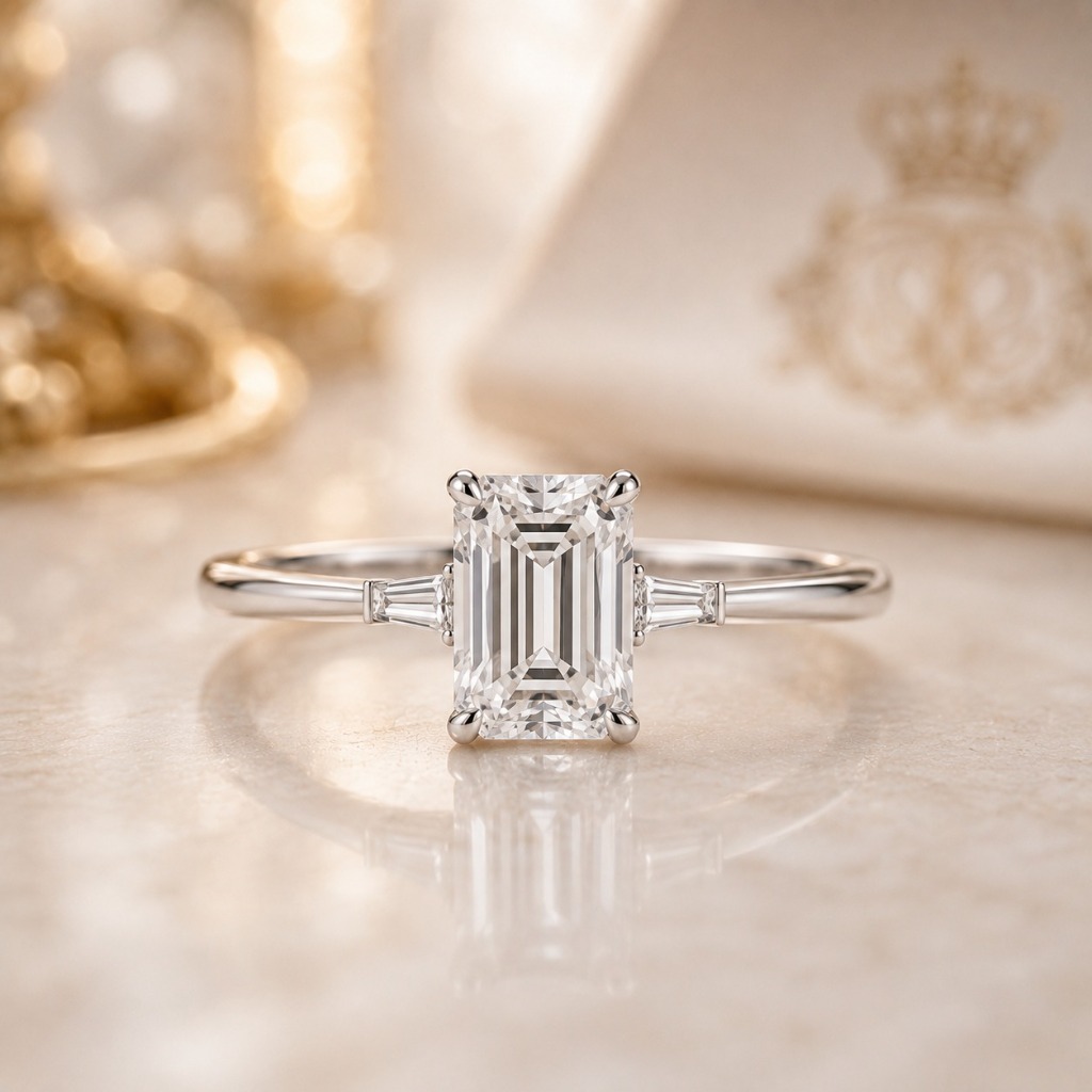 The Aurelia Step Emerald-Cut Diamond Solitaire with Tapered Baguettes