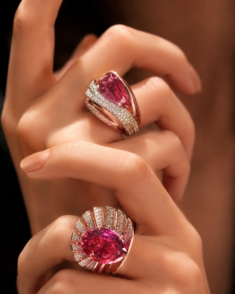 Magnifica Rubellite Sunburst and Spiral Dome High Jewelry Rings